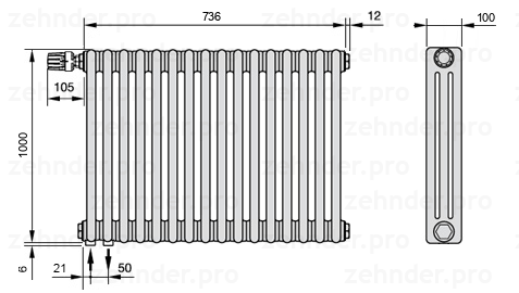 Схема (чертеж) Радиатор Zehnder Charleston 3100/16 №V001 Белый глянцевый RAL 9016